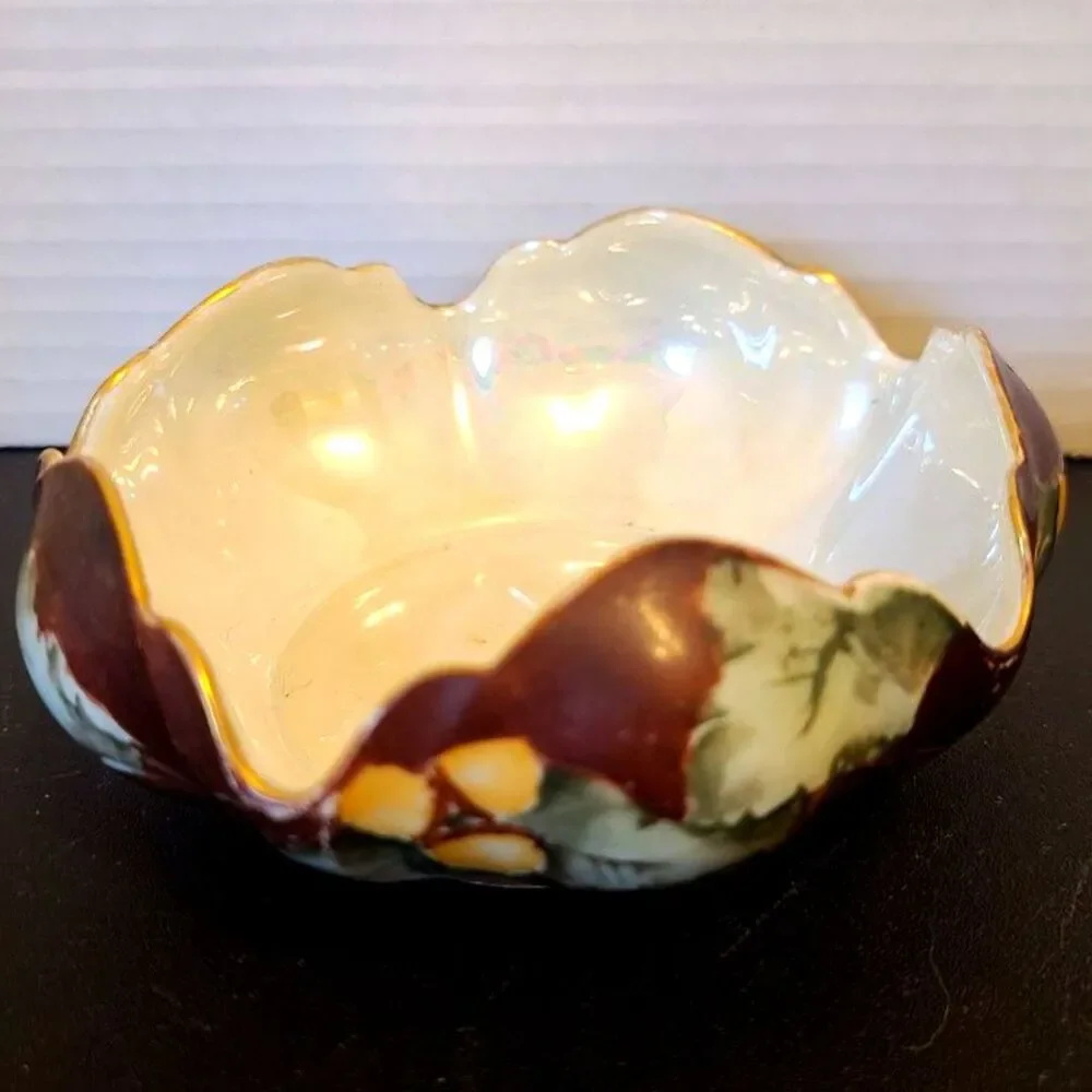 RARE NON-FOOTED RS Germany Porcelain Bowl #RHSRHS55 Fruit On Org/Ylw Background‎